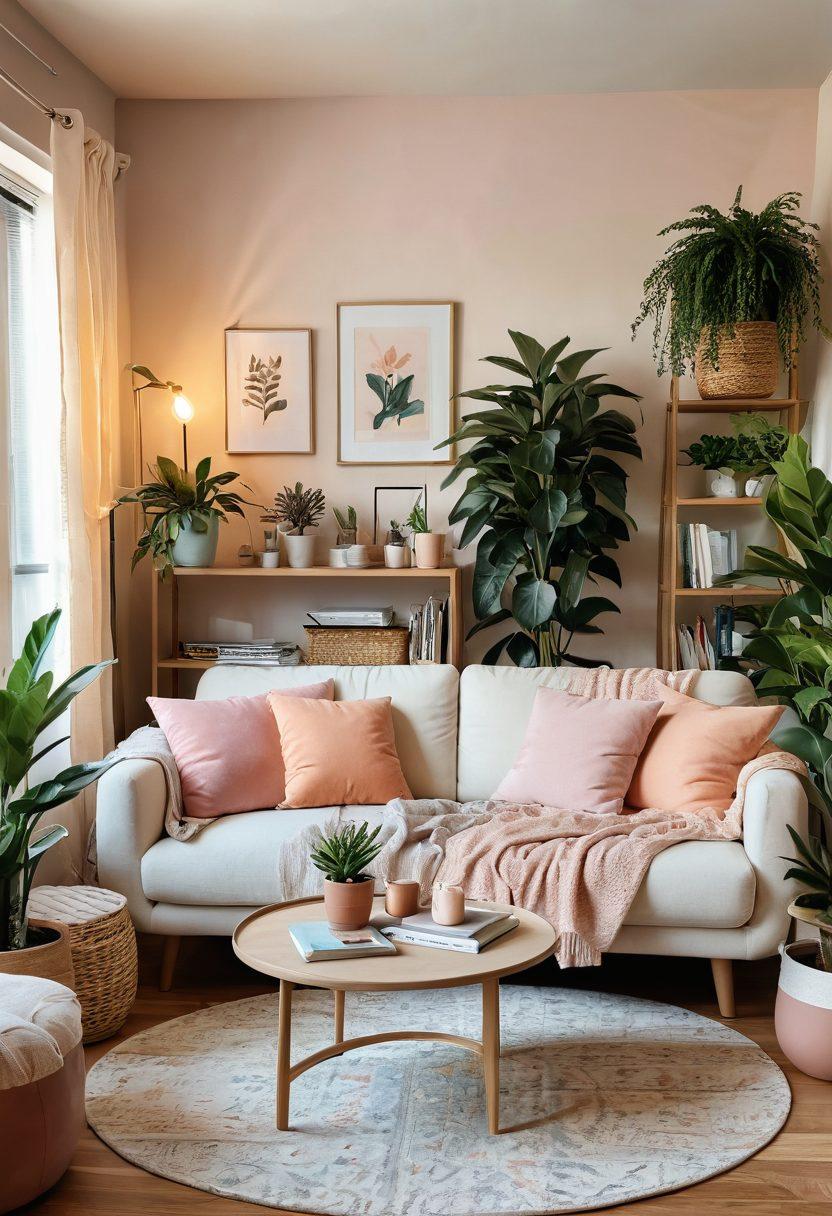 A cozy, stylish living space showcasing diverse body types happily relaxing in comfortable clothing. Include elements of budget-friendly decor like thrifted furniture, plants, and warm lighting. Emphasize a welcoming atmosphere that promotes body positivity and comfort. Incorporate soft fabrics and pastel colors to create a soothing vibe. modern illustration. vibrant colors. cozy ambiance.