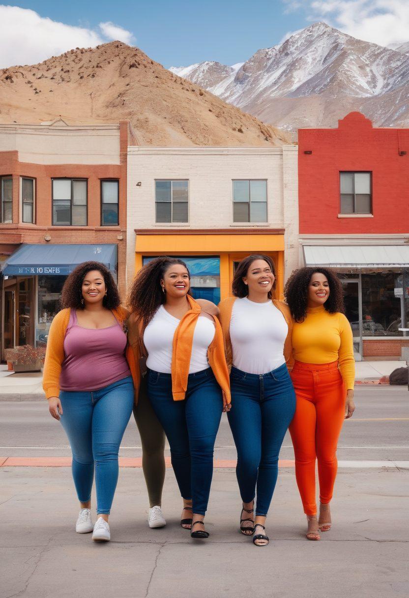 A vibrant, inclusive scene of diverse individuals joyfully exploring rental properties in Salt Lake City, showcasing their unique body types and styles. The background features stunning mountain views and lively city streets, emphasizing a sense of community and acceptance. Bright colors dominate the image to evoke positive emotions, while friendly faces highlight body positivity. super-realistic. vibrant colors. cityscape.